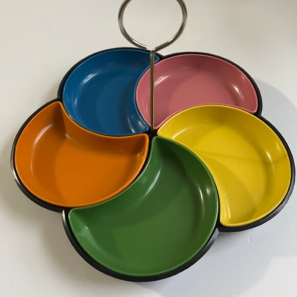 Other - Vintage Seventies Colourful Snack Tray with Individual Dishes